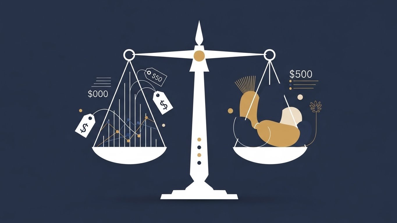 Balance scale illustrating fair pricing strategies for artists and financial decision making